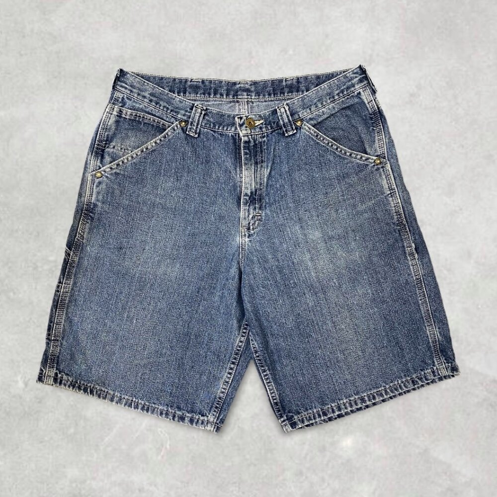 Vintage Lee Dungarees Dark Wash Denim Carpenter Jean Shorts Mens Size 34
